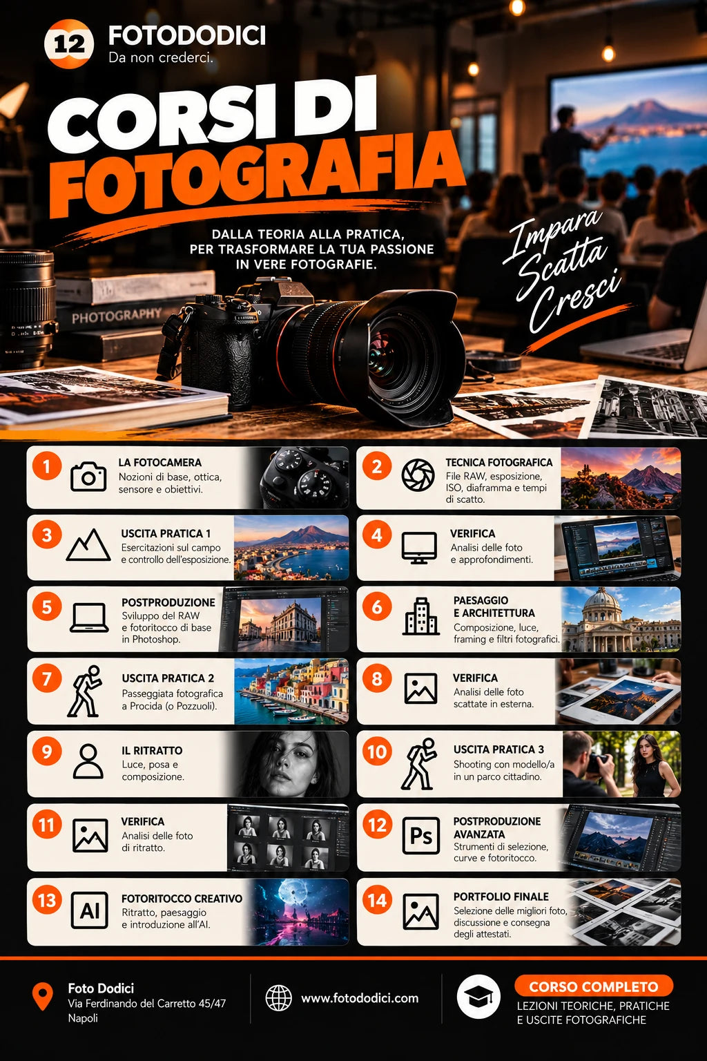 Corso di fotografia in 14 lezioni con tre uscite fotografiche sul campo. Scopri il programma.