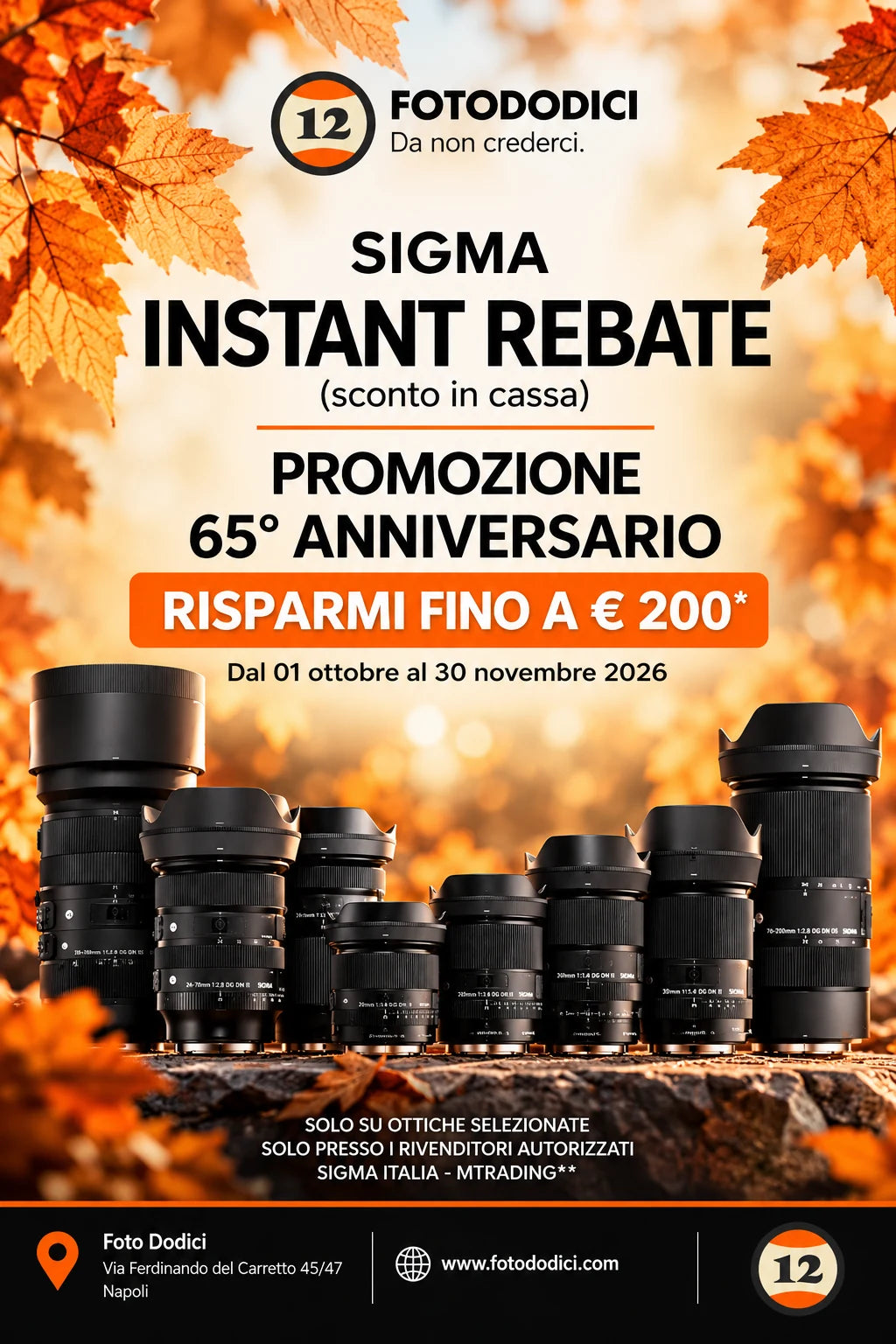 Sigma Instant Rebate: promozione 65° anniversario, risparmi fino a 200 euro su ottiche selezionate dal 1 ottobre al 30 novembre 2026.