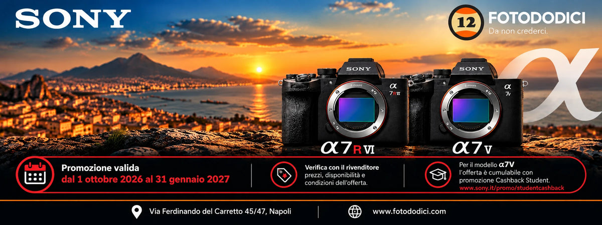Sony Alpha 7R VI e Alpha 7 V al tramonto sul golfo di Napoli. Promozione dal 1 ottobre 2026 al 31 gennaio 2027, cumulabile con il Cashback Student