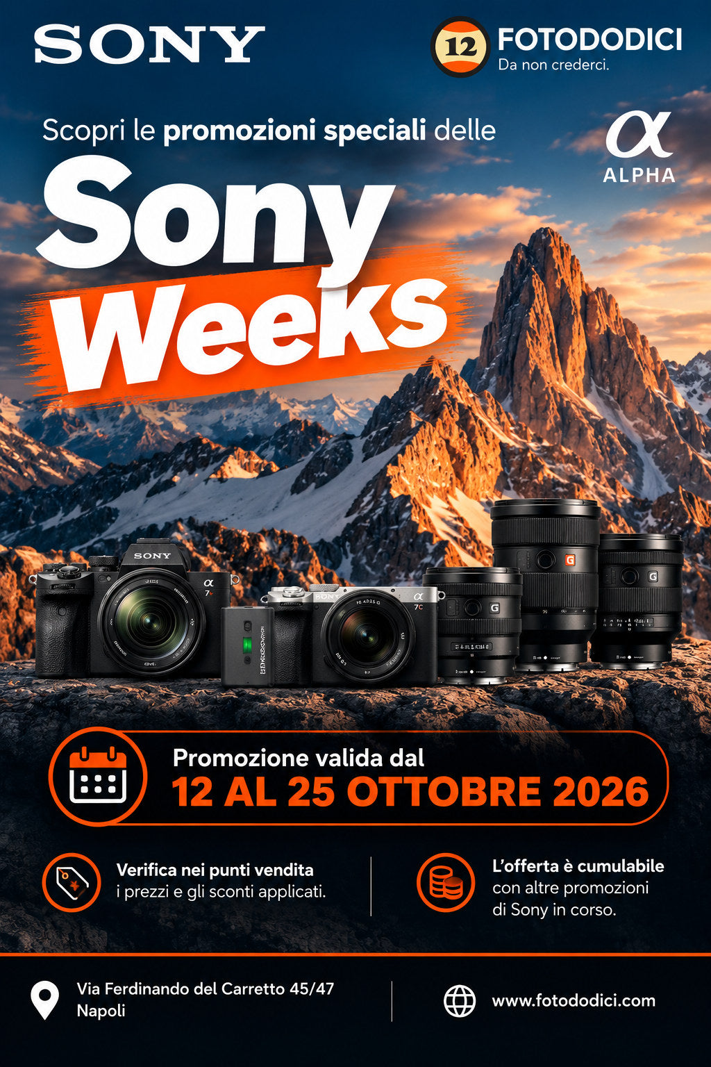 Sony Weeks: promozioni speciali Sony su fotocamere Alpha e obiettivi, dal 12 al 25 ottobre 2026.