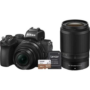 Nikon Z50+Nikkor Z DX 16-50 VR + 50-250 VR +SD 64GB 667x Pro Lexar – Garanzia Nital 4 anni