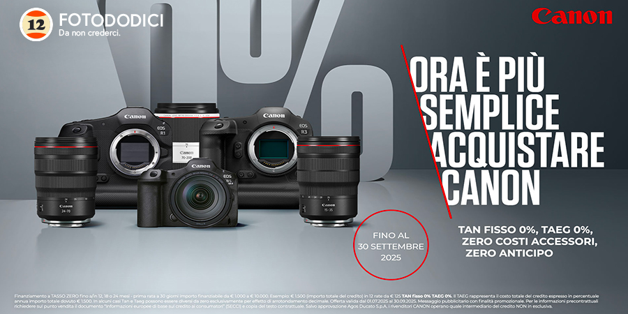 Acquistare Canon conviene, fino al 30 settembre 2025 puoi approfittare di un finanziamento a tasso zero con TAN fisso 0% TAEG 0% e prima rata a 30 giorni.